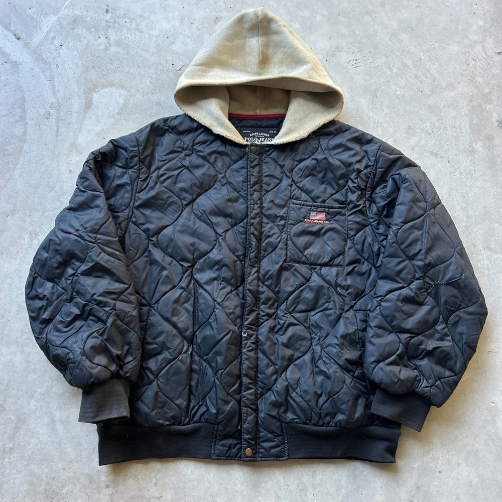 Polo Jeans Co Ralph Lauren Quilted Bomber Jacket Black Hooded XXL Vintage